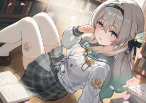 bra cleavage firefly honkai:_star_rail kkkula lingerie open_shirt seifuku skirt_lift thighhighs