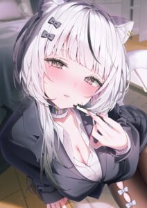 animal_ears business_suit cleavage indie_virtual_youtuber nekomimi nen_0405 open_shirt pantyhose sofia_blanche tail