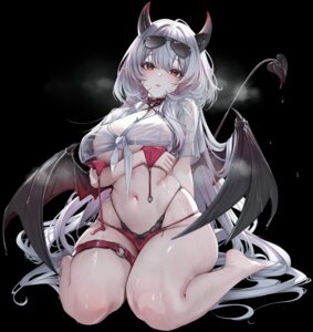 bikini breast_hold devil garter horns lrrer megane open_shirt pointy_ears see_through swimsuits tail wet wet_clothes wings