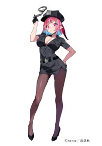 cleavage heels kanan-sama_wa_akumade_choroi no_bra nonco open_shirt pantyhose pointy_ears police_uniform takakiyo_kanan