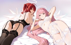 angel areola arknights ass bra cameltoe exusiai_(arknights) garter_belt lemuen_(arknights) lingerie nashidrop pantsu see_through stockings thighhighs wings