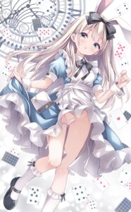 Rating: Questionable Score: 7 Tags: alice alice_in_wonderland animal_ears bunny_ears loli pantsu panty_pull ryo_(botsugo) skirt_lift User: Anonymous