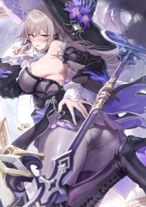akita_hika ass heels herta honkai:_star_rail no_bra pantyhose skirt_lift thighhighs weapon wet witch