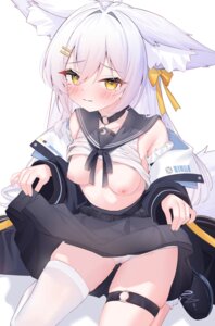 animal_ears breasts cameltoe garter leafpie_zaurus nipples no_bra pantsu pussy_juice seifuku shirt_lift skirt_lift tail thighhighs wet