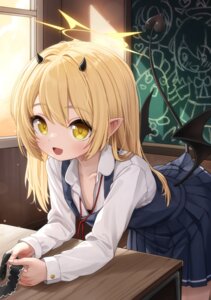 blue_archive comodomodo devil halo horns loli no_bra open_shirt pointy_ears seifuku skirt_lift tail tanga_ibuki wings