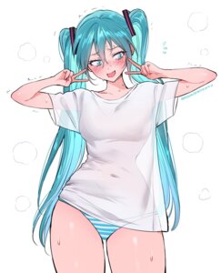 Rating: Questionable Score: 34 Tags: hatsune_miku no_bra pantsu qiandaiyiyu see_through shimapan shirt_lift vocaloid wet User: lacepanties