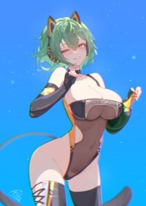 admiral_nakhimov_(azur_lane) animal_ears annasui_factory azur_lane headphones leotard nekomimi no_bra see_through tail thighhighs