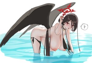 angel bikini blue_archive breasts hanekawa_hasumi meganeura224 nipples panty_pull swimsuits wardrobe_malfunction wet wings
