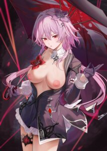 breasts garter honkai:_star_rail march_7th nipples no_bra open_shirt ru_zhai umbrella
