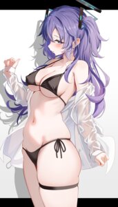 bikini blue_archive dress_shirt erect_nipples garter halo hayase_yuuka open_shirt see_through sikimosh swimsuits