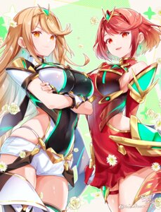breast_hold cosplay dress garter hikari_(xenoblade_2) homura_(xenoblade_2) leotard thighhighs ui_frara xenoblade_(series) xenoblade_2