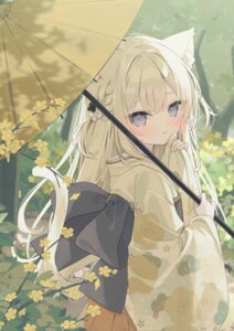 animal_ears hoshi kimono nekomimi tail umbrella