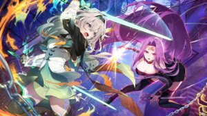crossover dress fate/stay_night firefly honkai:_star_rail medusa_(fate) mishima_kurone no_bra skirt_lift sword tattoo thighhighs weapon