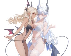 Rating: Questionable Score: 76 Tags: bra cameltoe garter_belt horns lingerie milenna_(nekojira) nekojira pantsu panty_pull pointy_ears stockings symmetrical_docking tail thea_(nekojira) thighhighs undressing wings yuri User: Anonymous