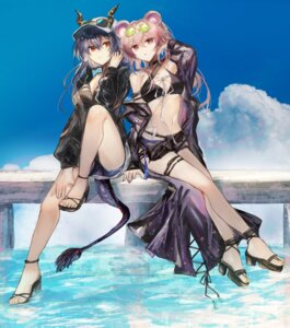 animal_ears arknights bikini ch'en_(arknights) fumi_(rdbm) garter heels horns lin_yuhsia_(arknights) megane open_shirt see_through sketch swimsuits tail