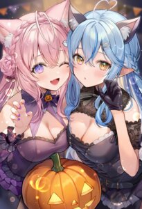 Rating: Questionable Score: 35 Tags: animal_ears aria_(ariacue) dress elf hakui_koyori halloween hololive lolita_fashion nekomimi no_bra pointy_ears symmetrical_docking yukihana_lamy User: Anonymous