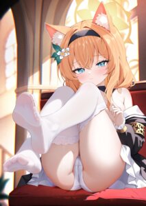 animal_ears areola blue_archive cameltoe feet halo iochi_mari loli nekomimi no_bra open_shirt pantsu radoremo skirt_lift thighhighs thong