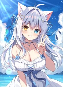 aina_rive animal_ears dress heterochromia mauve nekomimi no_bra summer_dress