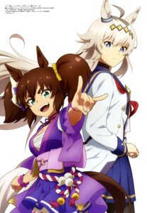 animal_ears hashibami inari_one_(umamusume) japanese_clothes oguri_cap_(umamusume) open_shirt pantyhose sarashi tail uma_musume_cinderella_gray uma_musume_pretty_derby uniform