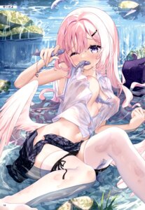 areola hiyada_yuu no_bra open_shirt pantsu panty_pull see_through seifuku skirt_lift string_panties thighhighs wet wet_clothes wings