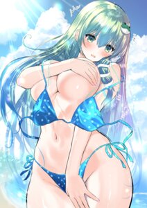 bikini breast_hold kochiya_sanae swimsuits tomo_(uguisu-tei) topless touhou wardrobe_malfunction