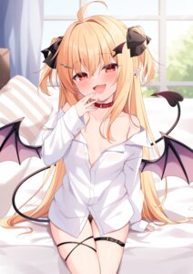 Rating: Questionable Score: 26 Tags: devil dress_shirt garter loli miy@ no_bra open_shirt pantsu pointy_ears see_through tail wings User: Anonymous