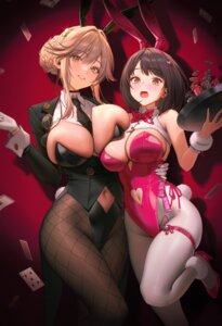 95--- ade_(nikke) animal_ears bunny_ears bunny_girl fishnets garter goddess_of_victory:_nikke heels megane milk_(nikke) no_bra pantyhose tail waitress