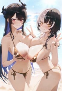 Rating: Questionable Score: 70 Tags: bikini breast_hold hololive hololive_english horns nerissa_ravencroft nipples pantsu_shot shiori_novella swimsuits symmetrical_docking thong User: lacepanties