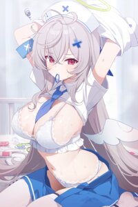 angel beatrixa_(stella_sora) bra cameltoe cream deyui nurse pantsu shirt_lift stella_sora thighhighs undressing wet wings