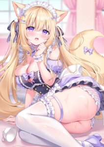 animal_ears garter maid nekomimi no_bra pantsu see_through shimapan siooooono skirt_lift stockings tail thighhighs wet wet_clothes