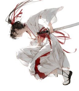 dinoartforame japanese_clothes jigokuraku no_bra open_shirt sketch sword yamada_asaemon_sagiri