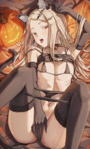 animal_ears bikini gakuen_idolm@ster halloween mimma_ring_(nobuyueli) panty_pull shinosawa_hiro shirt_lift swimsuits tail the_idolm@ster thighhighs