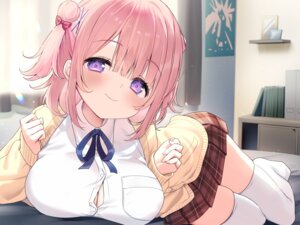 cleavage natsuki_marina open_shirt seifuku sweater thighhighs