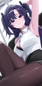 Rating: Questionable Score: 8 Tags: blue_archive bra halo hayase_yuuka open_shirt pantyhose sei_(0724sei6) skirt_lift User: VigorousMMM