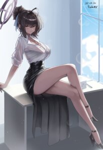 blue_archive dress_shirt halo heels kakudate_karin open_shirt see_through skirt_lift ticker_(kks2ksy)