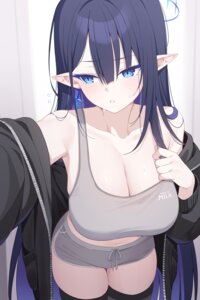 blue_archive bra deyui halo nanagami_rin open_shirt pointy_ears selfie thighhighs