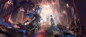 arknights bang_dream! bang_dream!_ave_mujica dress gothic_lolita horns lolita_fashion pantyhose skirt_lift thighhighs togawa_sakiko wakaba_mutsumi zombie_ke