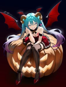 dress halloween hatsune_miku heels horns no_bra stockings tattoo thighhighs vocaloid wings wuhe2233pz