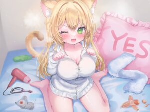 animal_ears cleavage kabashima_hana nekomimi open_shirt pajama tail
