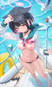 animal_ears bikini blue_archive breasts halo houkisei kyouyama_kazusa nekomimi nipples no_bra see_through seifuku swimsuits thong wet wet_clothes