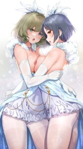 breasts cameltoe dress hayami_kanade heterochromia mk nipples no_bra pantyhose skirt_lift symmetrical_docking takagaki_kaede the_idolm@ster the_idolm@ster_cinderella_girls