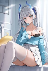 Rating: Questionable Score: 50 Tags: azur_lane bra hini_ni horns lingerie manjuu_(azur_lane) open_shirt skirt_lift suffren_(azur_lane) sweater thighhighs undressing User: VigorousMMM