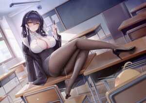 alexiel_(pixiv6211566) azuma_(azur_lane) azur_lane business_suit heels manjuu_(azur_lane) no_bra open_shirt pantsu pantyhose see_through skirt_lift thong