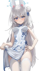 animal_ears blue_archive bunny_ears chinadress halo kerno loli skirt_lift thighhighs tsukiyuki_miyako