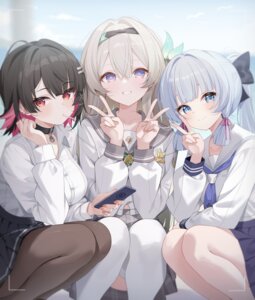 crossover deyui ellen_joe firefly genshin_impact honkai:_star_rail kamisato_ayaka pantyhose seifuku skirt_lift thighhighs zenless_zone_zero