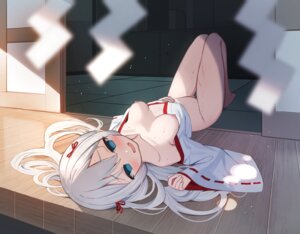 bottomless breasts loli miko nipples no_bra open_shirt tsuki_usagi wet