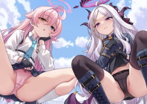 blue_archive cameltoe devil halo heterochromia horns loli milkshake pantsu seifuku skirt_lift sorasaki_hina takanashi_hoshino thighhighs thong uniform wings