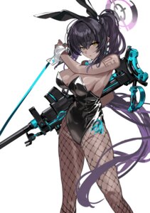 animal_ears blue_archive bunny_ears bunny_girl fishnets gun halo kakudate_karin kazukingu no_bra pantyhose tattoo